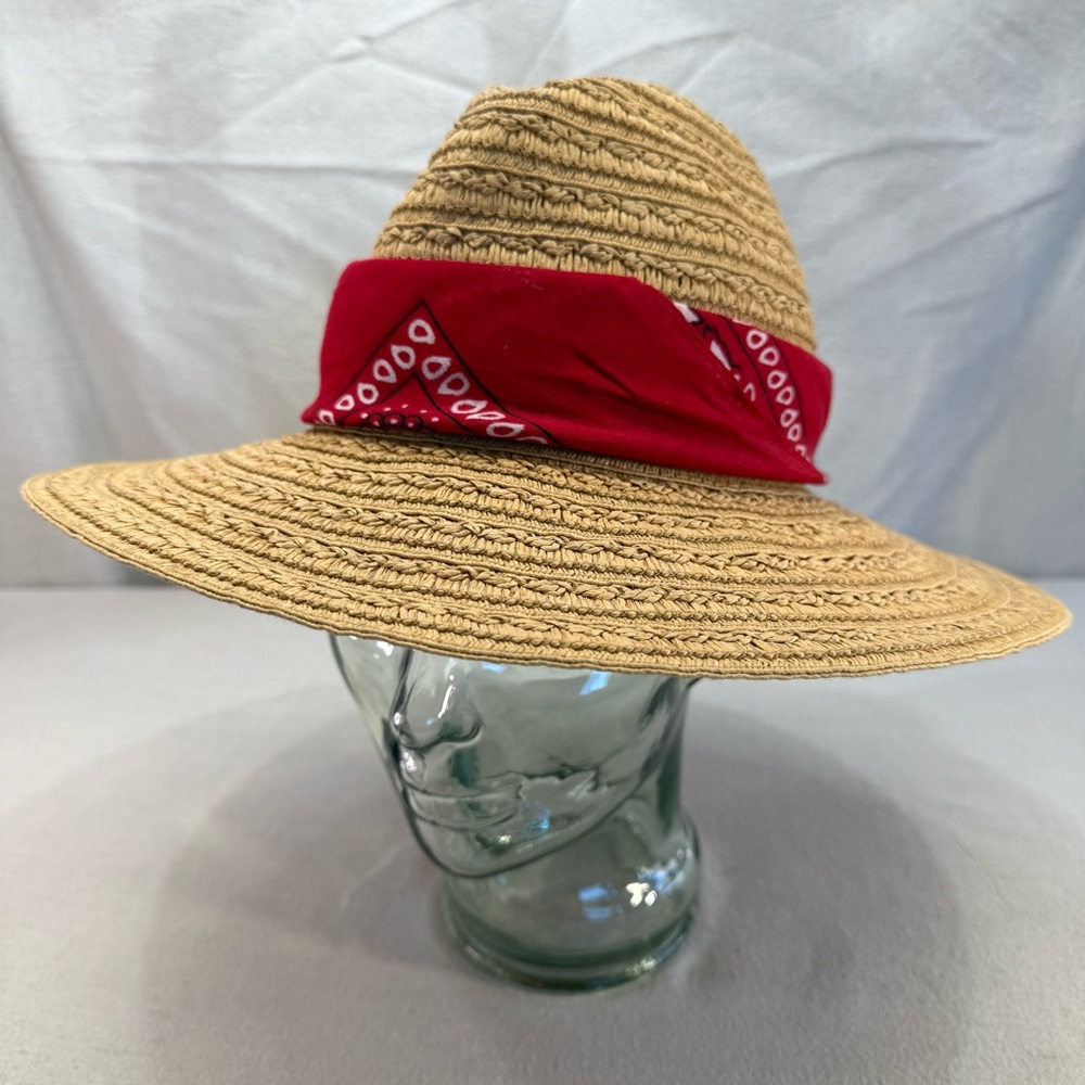Straw Sun Hat with Red Bandana Accent